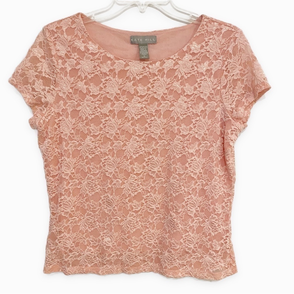 Kate Hill | Short Sleeve Lace Top Spandex Pink Size Medium